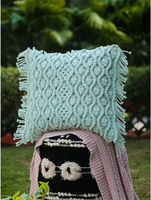 Macrame Cushion Cover With Fringes - Aqua Green