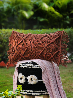 Brown Macramé Cushion cover with Fringes - Rectangle