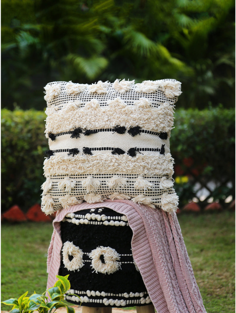 Ivory and Black Woven cushion cover with tassels - Square