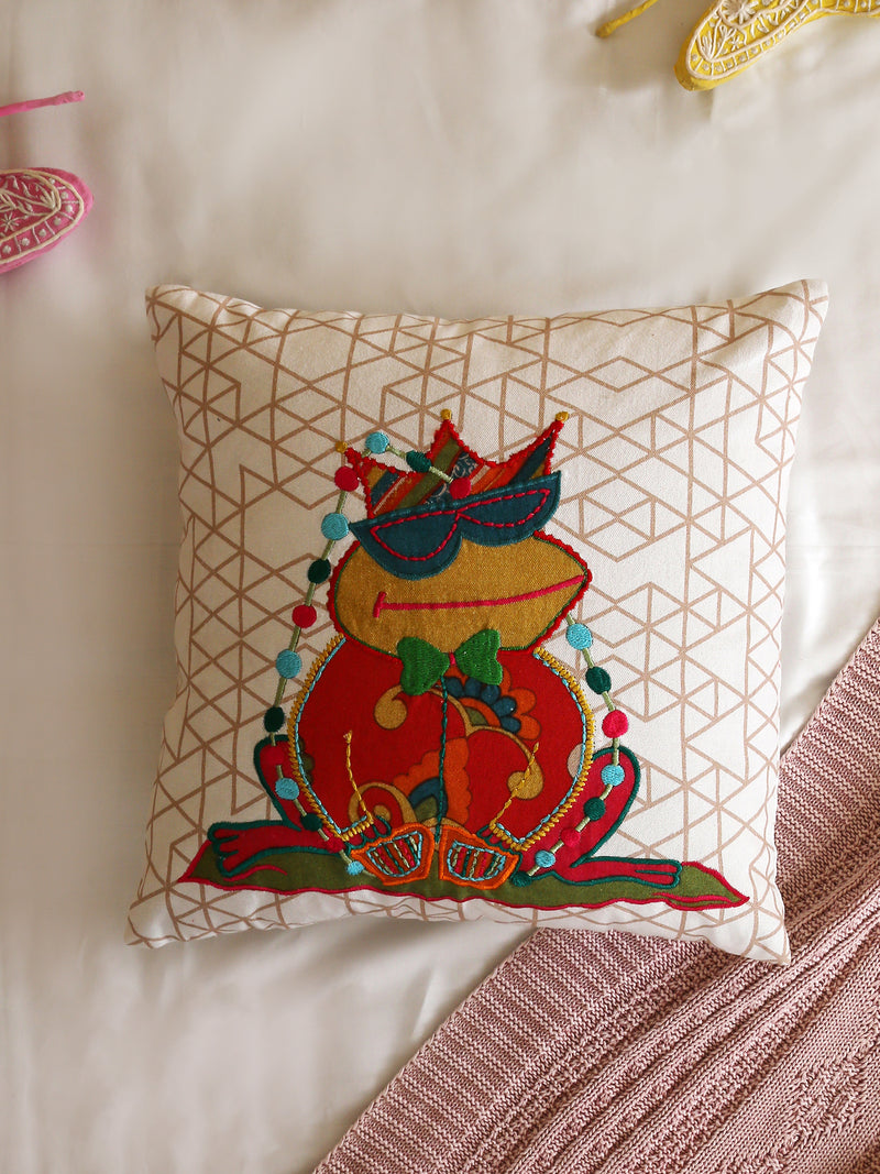 Applique work and Embroidered Frog design Cushion Cover