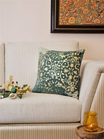 Golden Foil Printed with Hand bead work cushion cover in Green self print cushion cover