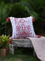 Peach Flower Printed Cushion Cover With Fringes And Tassels