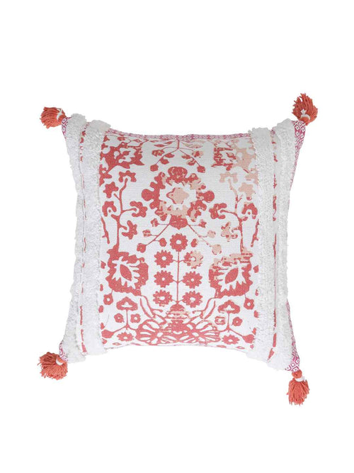 Peach Flower Printed Cushion Cover With Fringes And Tassels