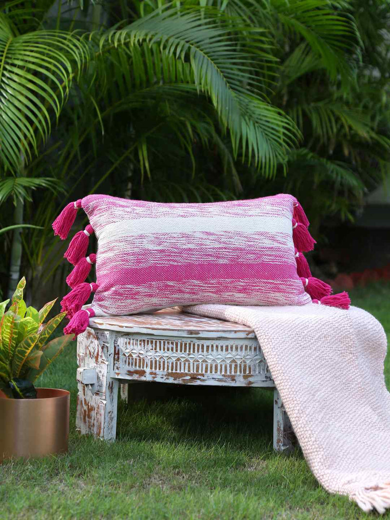 Cushion Cover - Pink And White Hand Woven With Pink Tassels