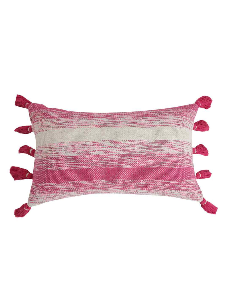 Cushion Cover - Pink And White Hand Woven With Pink Tassels