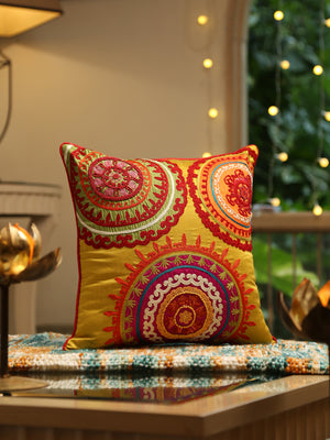 Mustard exclusive design cushion cover with beads, sequin & extensive embroidery