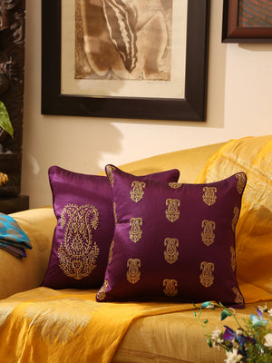 Double Pasiley design zari embroidered & foil printed set of 2 deep purple  cushion covers