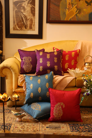Double Pasiley design zari embroidered & foil printed set of 2 deep purple  cushion covers