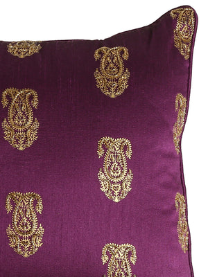 Double Pasiley design zari embroidered & foil printed set of 2 deep purple  cushion covers