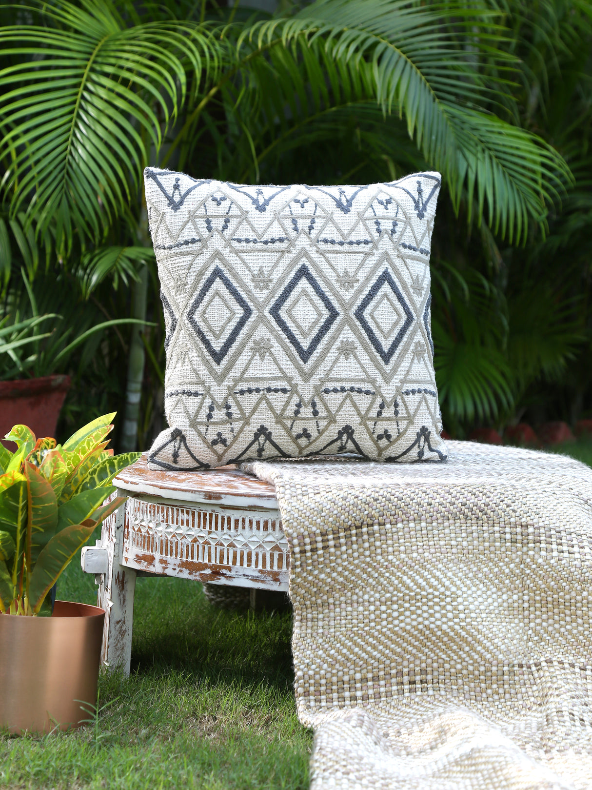 Rich Linen look Cotton Slub with Crewel Embroidery Cushion Cover