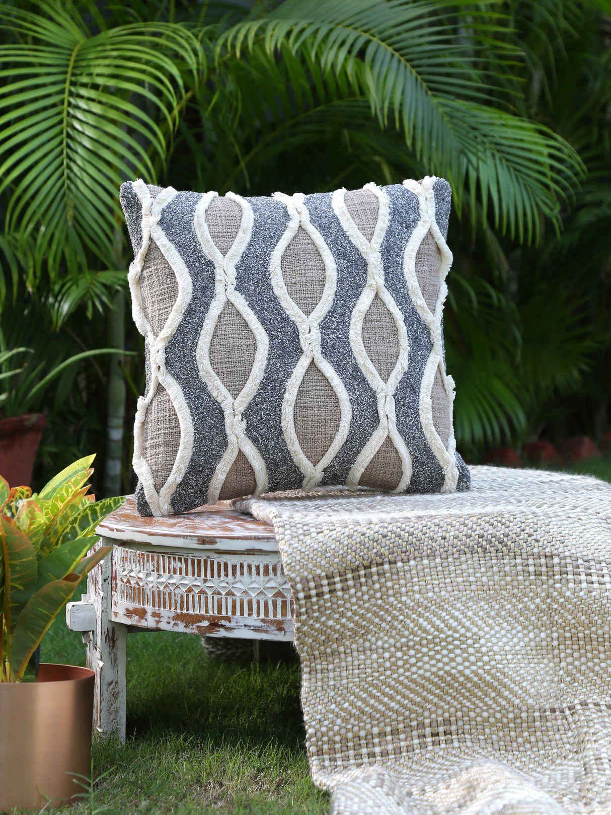 Rich Linen look  Cotton Slub with cord and crewel Embroidery cushion cover