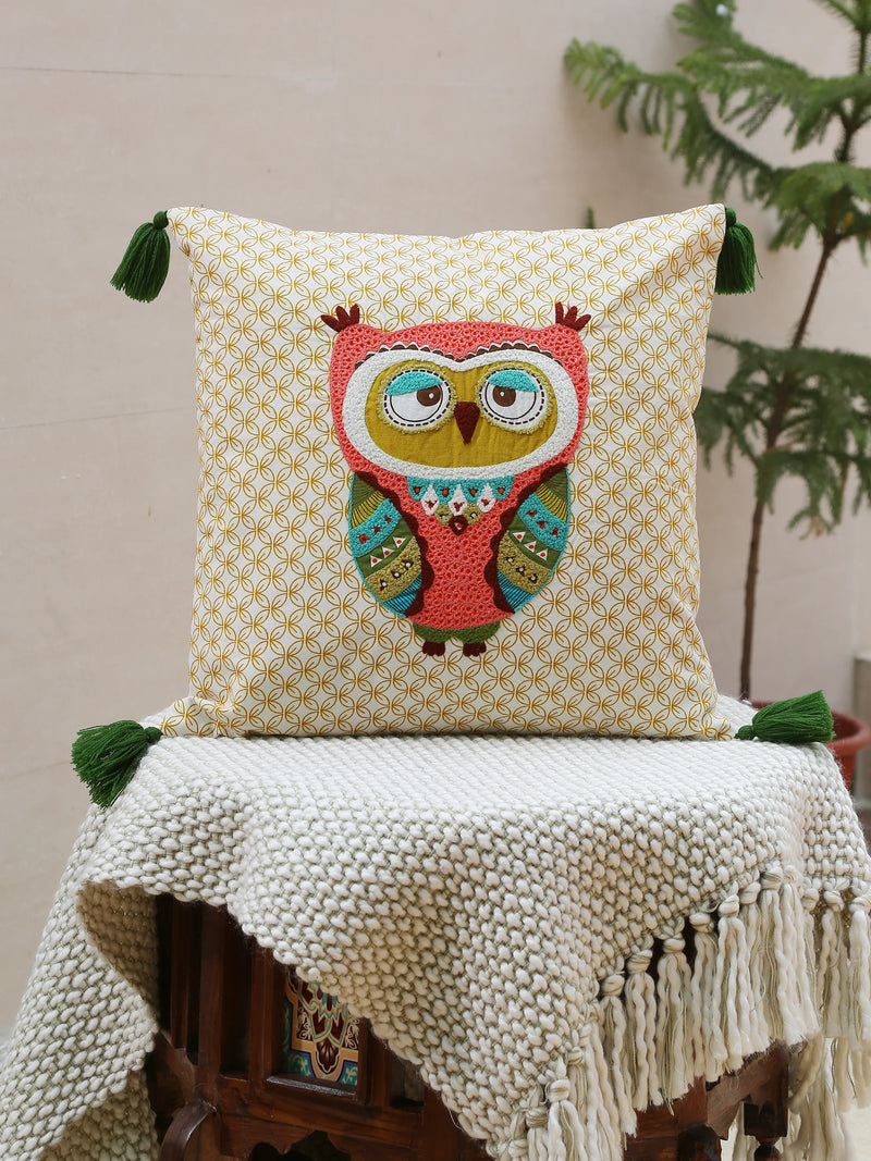 Enchanted Dream Scapes - Owl Design Embroidered & Appliqué Cushion Cover