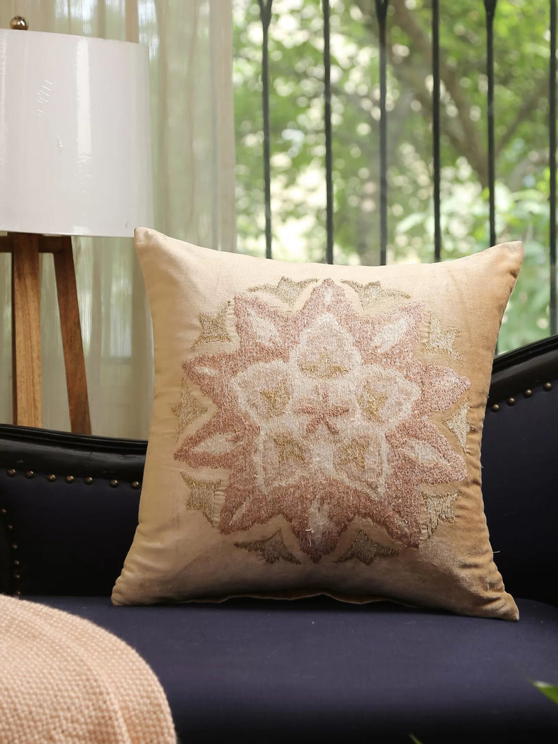 Viscose Velvet Cushion Cover - Beige Embroidered