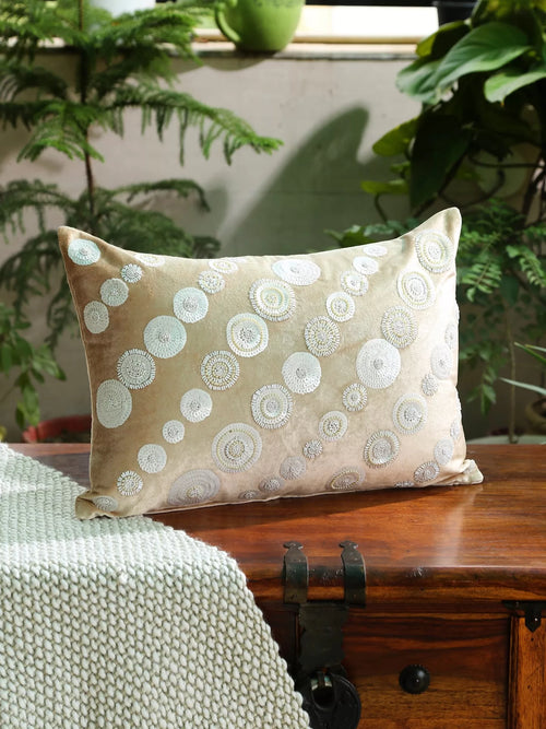 Viscose Velvet Cushion Cover - Beige Sequin And Beads Work