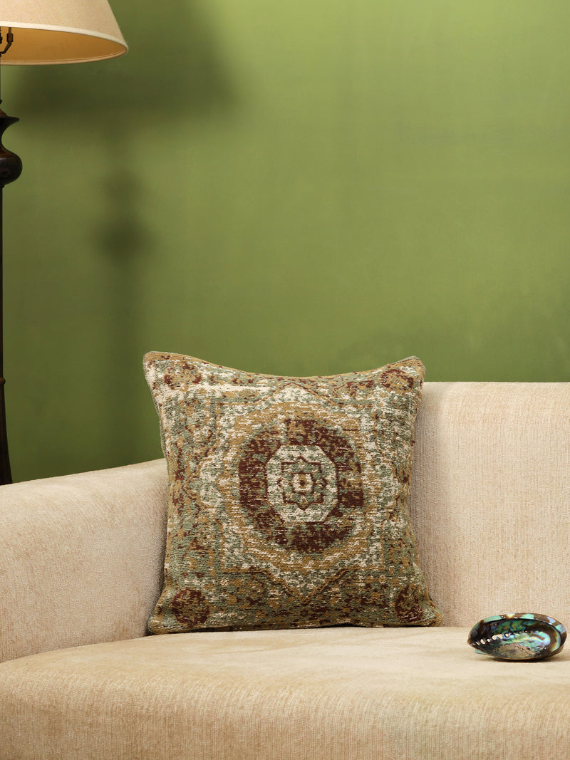 Persian Motif - Green & Multicolor Jacquard Chenille Cushion Cover