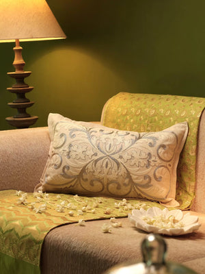 Embroidery Pillow Style Cushion Cover - Ivory & Gold Zari