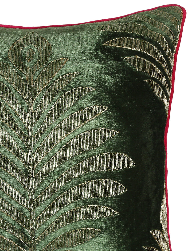 Green Velvet cushion cover with Zari Embroidery - Square