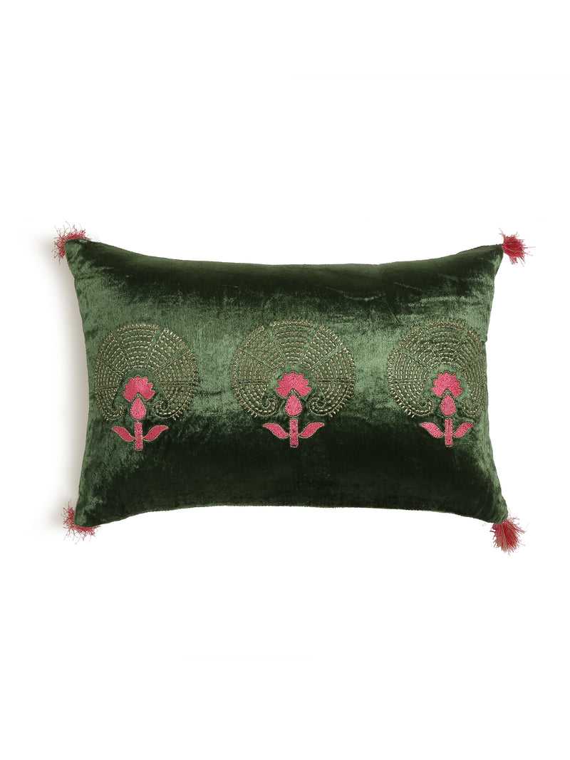 Green Velvet cushion cover with Zari Embroidery - Rectangle