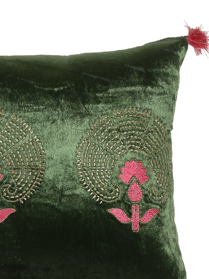 Green Velvet cushion cover with Zari Embroidery - Rectangle