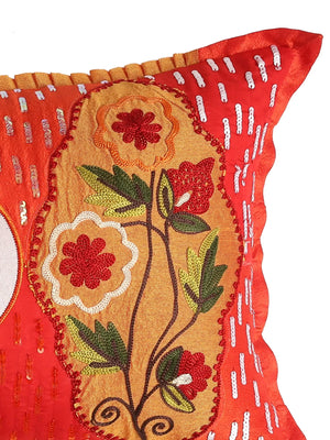 Embroidered Cushion Cover With Sequin Base - Red And Multicolor Patch Work