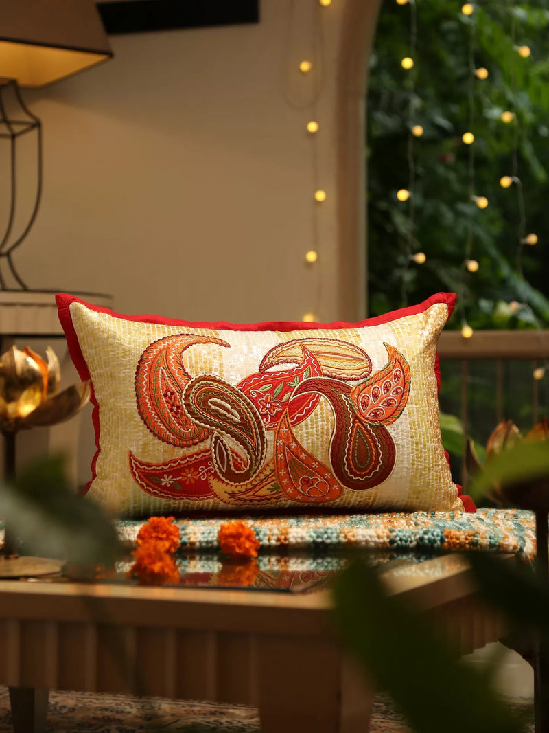 Embroidered Cushion Cover With Sequin Base - Paisley Design Patch Work