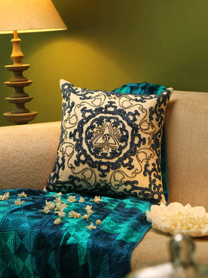 Embellished Cushion Cover - Ivory And Blue Embroidered