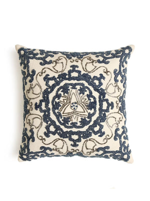 Embellished Cushion Cover - Ivory And Blue Embroidered