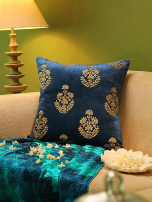 Hand Beaded Cushion Cover - Blue Velvet Zari Embroidery