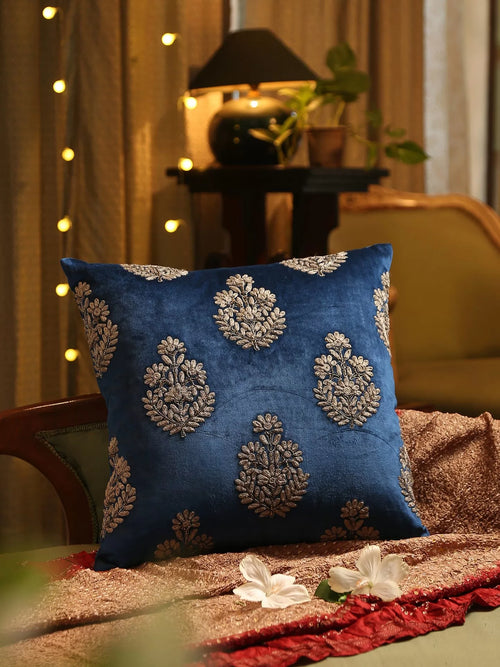 Hand Beaded Cushion Cover - Blue Velvet Zari Embroidery