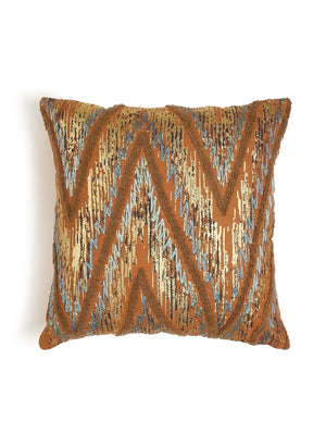 Hand Beaded Cushion Cover - Mustard & Blue Wave Design