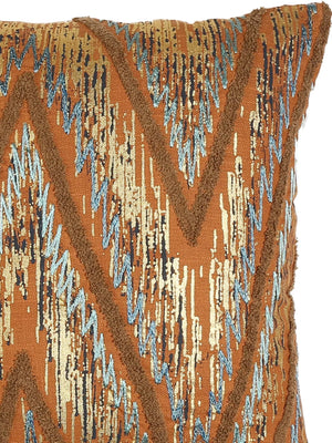 Hand Beaded Cushion Cover - Mustard & Blue Wave Design