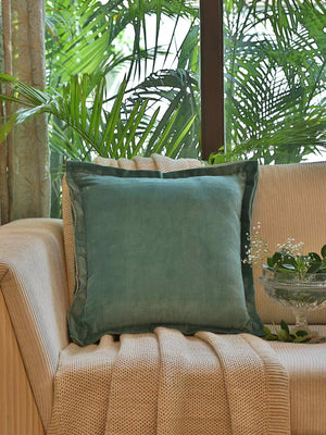 Cotton Velvet Cushion Cover - Sea Green With Contrast Border Trim