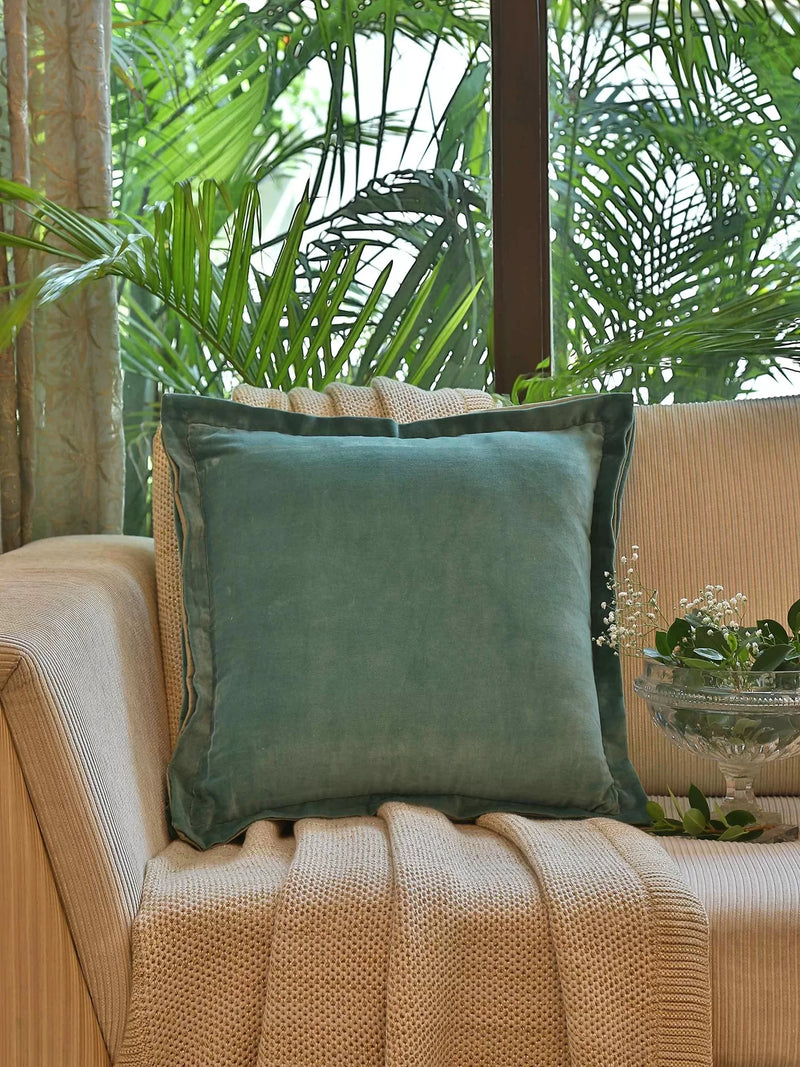 Cotton Velvet Cushion Cover - Sea Green With Contrast Border Trim