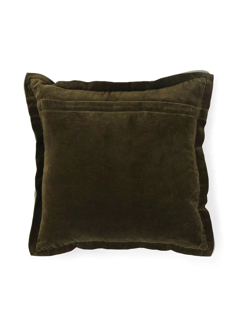 Cotton Velvet Cushion Cover - Olive Green With Contrast Border Trim