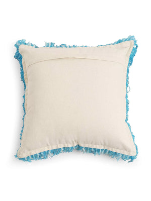Acrylic Wool Cushion Cover -  With Turquoise Soft Chunky Handwoven Fringes