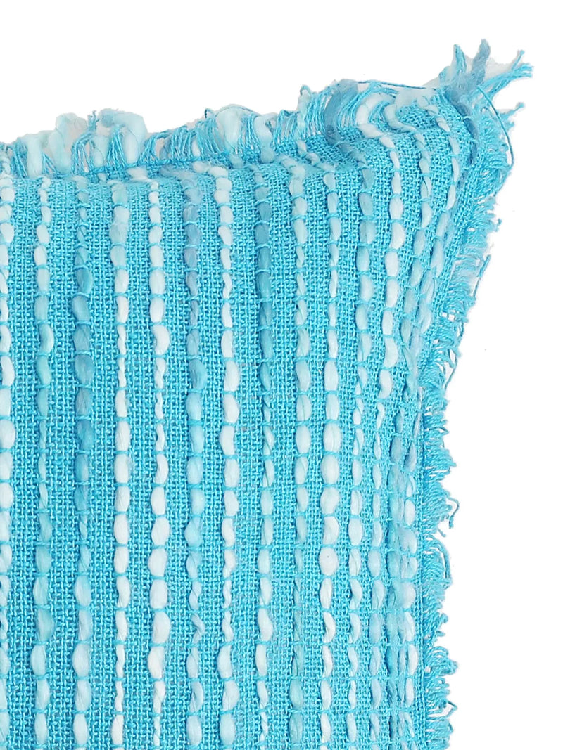 Acrylic Wool Cushion Cover -  With Turquoise Soft Chunky Handwoven Fringes