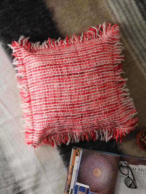 Acrylic Wool Cushion Cover -  With Fuschia Soft Chunky Handwoven Fringes
