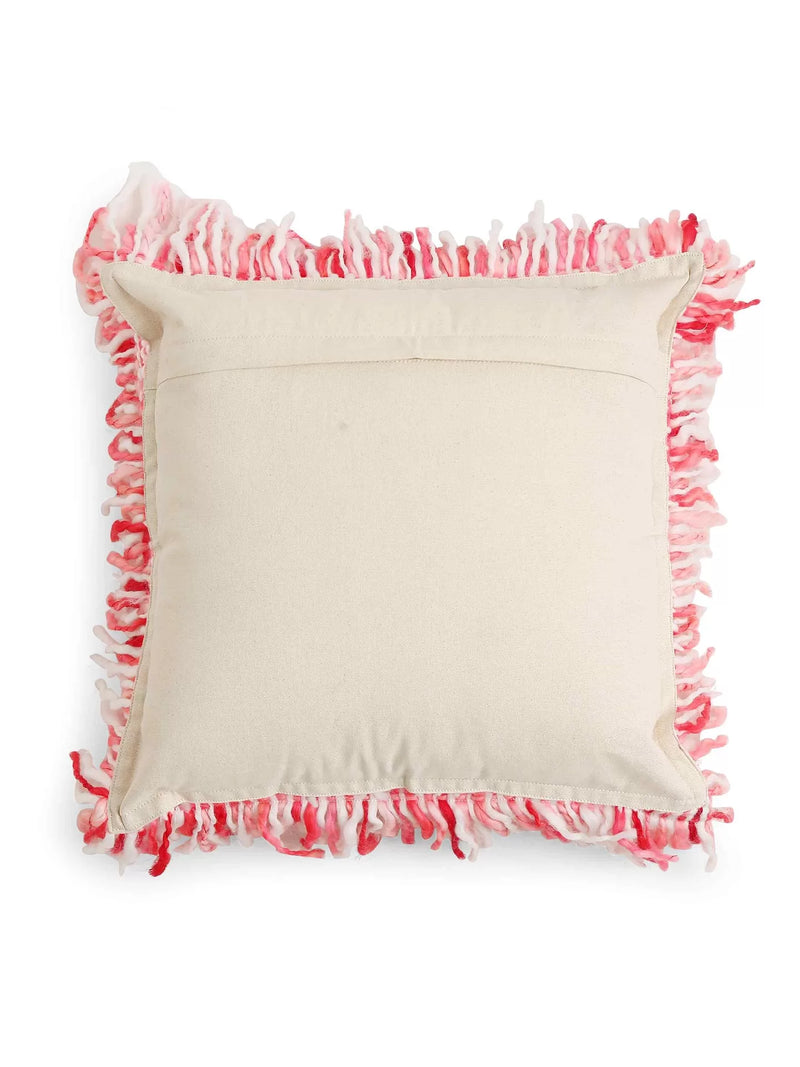 Acrylic Wool Cushion Cover -  With Fuschia Soft Chunky Handwoven Fringes