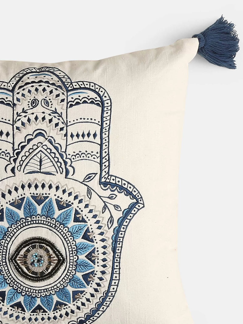 Cushion Cover With Tassels - Embroidered Hand Of Hamsa