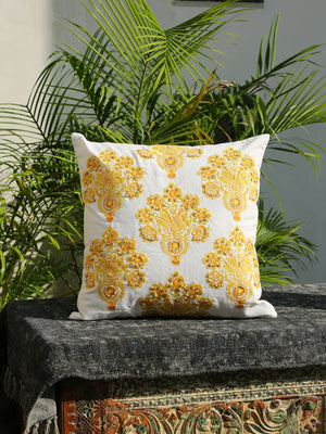 Stylish Amber Sky - Yellow Mughal Flower Embellished Cushion Cover