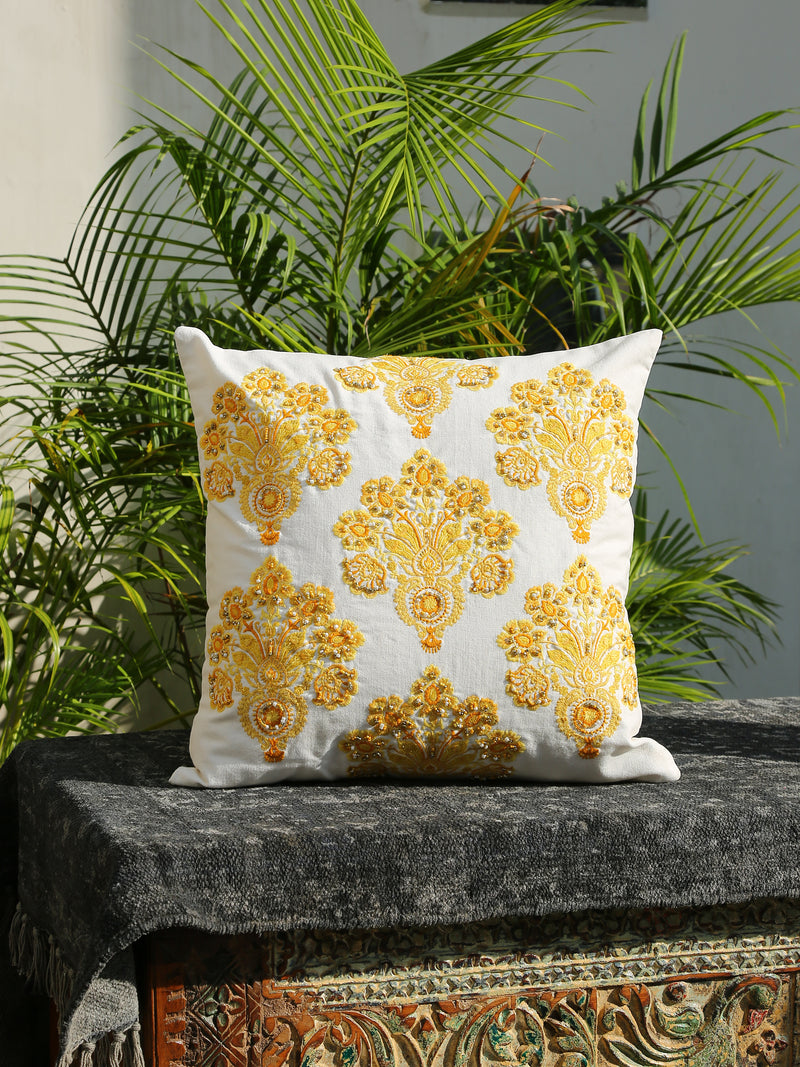 Stylish Amber Sky - Yellow Mughal Flower Embellished Cushion Cover