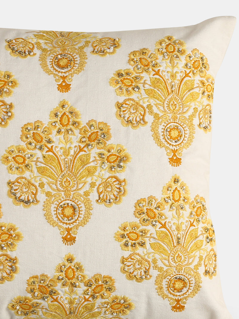 Stylish Amber Sky - Yellow Mughal Flower Embellished Cushion Cover