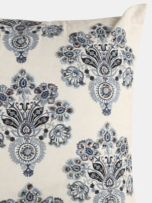 Stylish Amber Sky - Blue Mughal Flower Embellished Cushion Cover