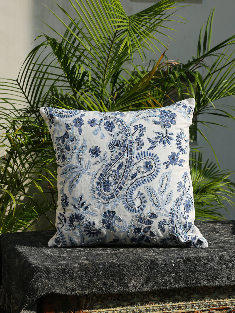 Stylish Amber Sky - Blue Paisley Embroidered Cushion Cover