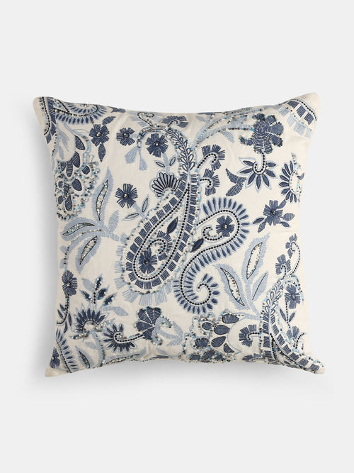 Stylish Amber Sky - Blue Paisley Embroidered Cushion Cover