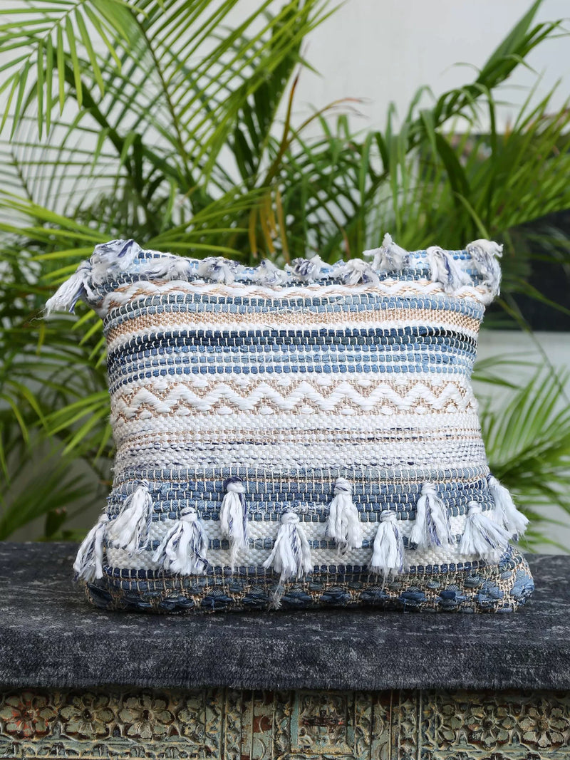 Cushion Cover With Tassels - Tufted Off White And Blue
