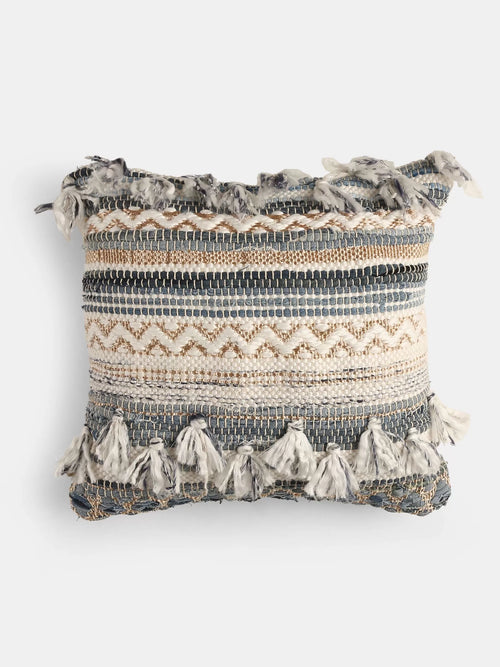 Cushion Cover With Tassels - Tufted Off White And Blue