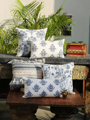 Cushion Cover With Tassels - Tufted Off White And Blue