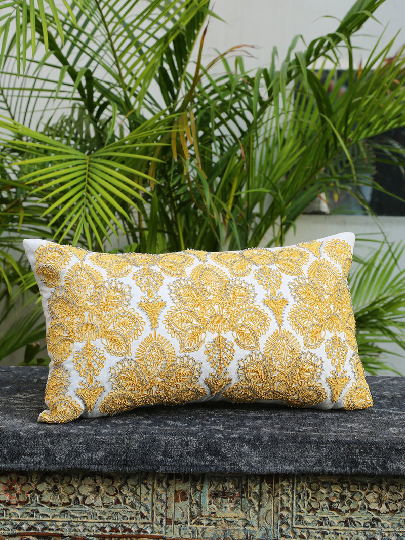 Stylish Amber Sky - Yellow Moghul Flower Dori Work Cushion Cover