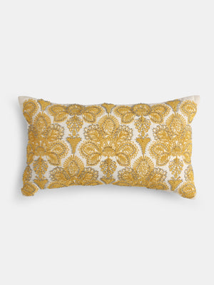 Stylish Amber Sky - Yellow Moghul Flower Dori Work Cushion Cover